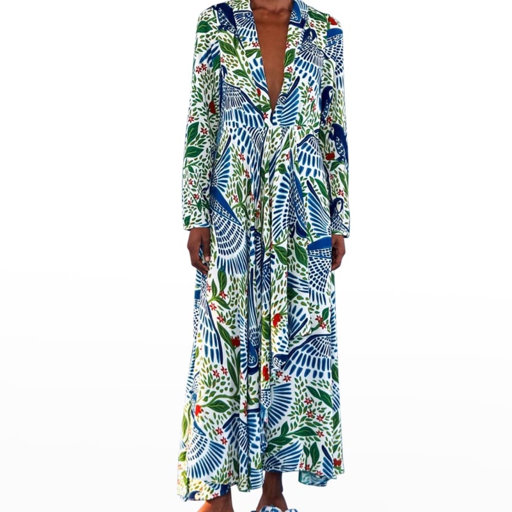 FARM Rio Blue Green White Floral Maxi Dress with Red Accents - Picture 1 of 8